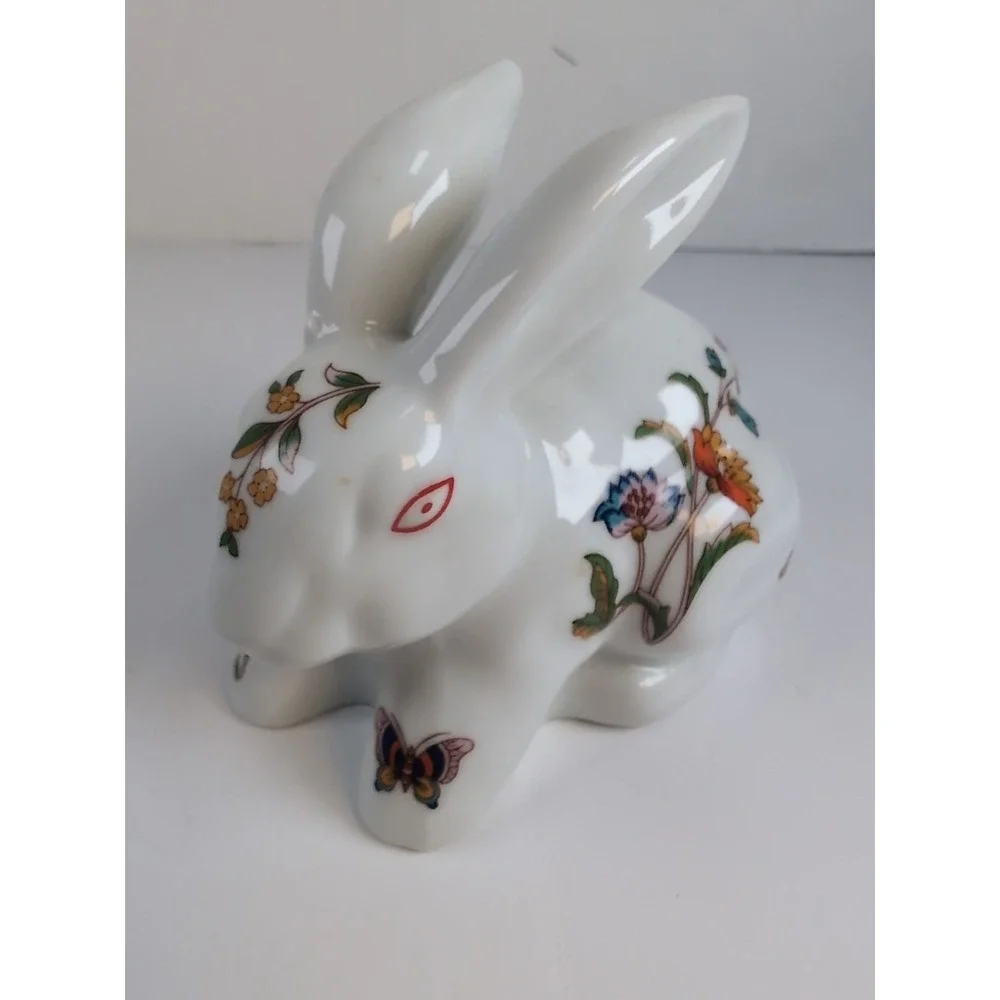 Trina Ceramic Bunny Cotton Ball Dispenser, Glazed W/Butterflies & Flowers Vintag